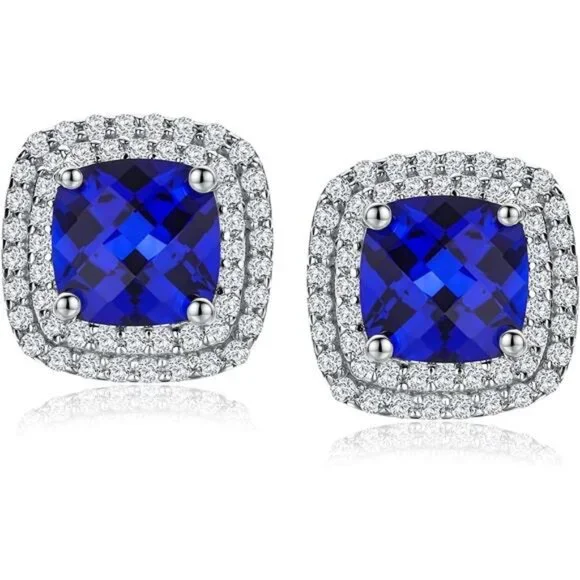 Sapphire Earrings Cushion Cut Women | 925 Sterling Silver | September Birthstone - Picture 1 of 6
